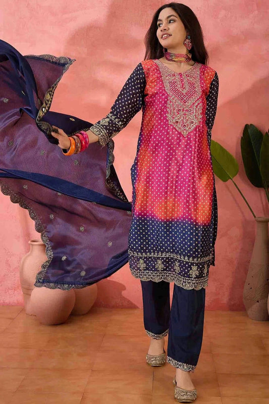 Navy Blue Embroidery Chinon Silk Pant Style Suit NCSS11110490