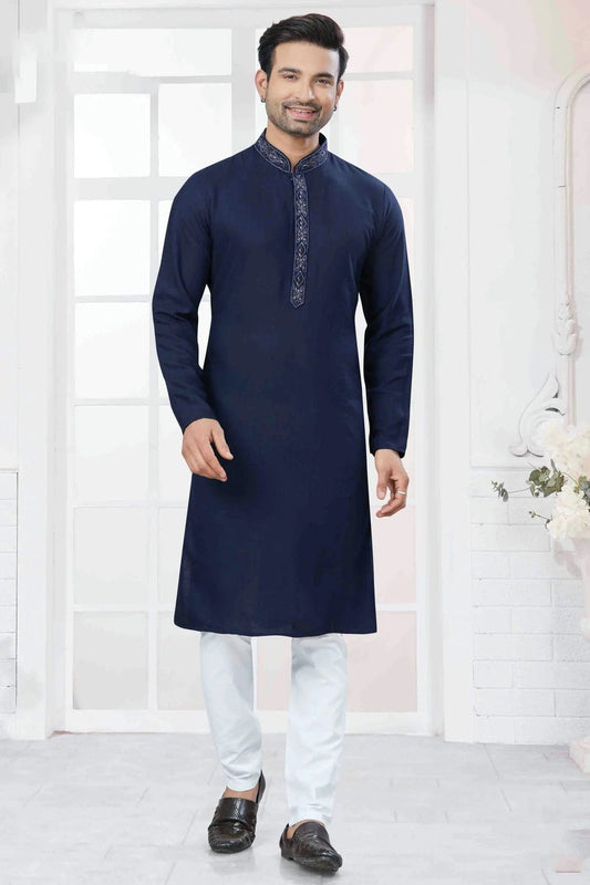 Navy Blue Embroidery Cotton Kurta Pajama NCKP11110552