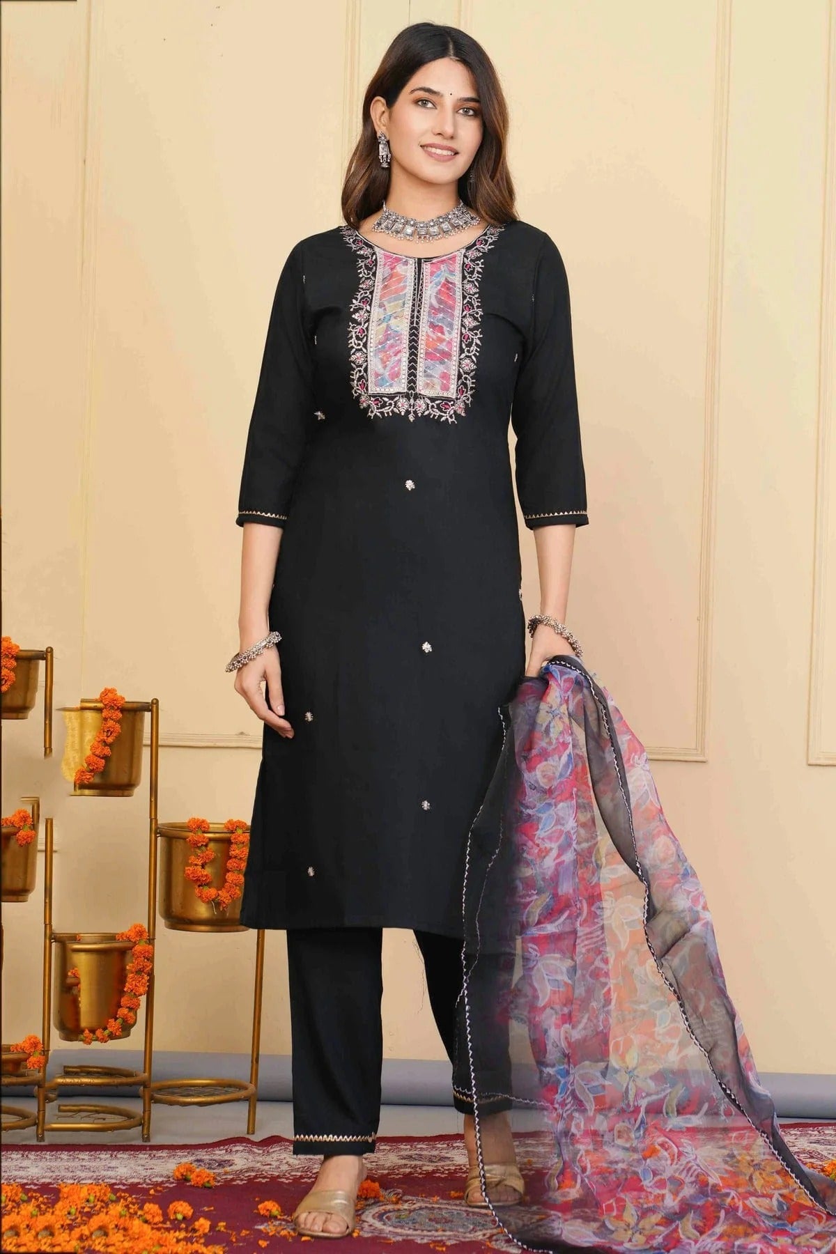 Navy Blue Embroidery Rayon Slub Stitched Suit NCSS11111317