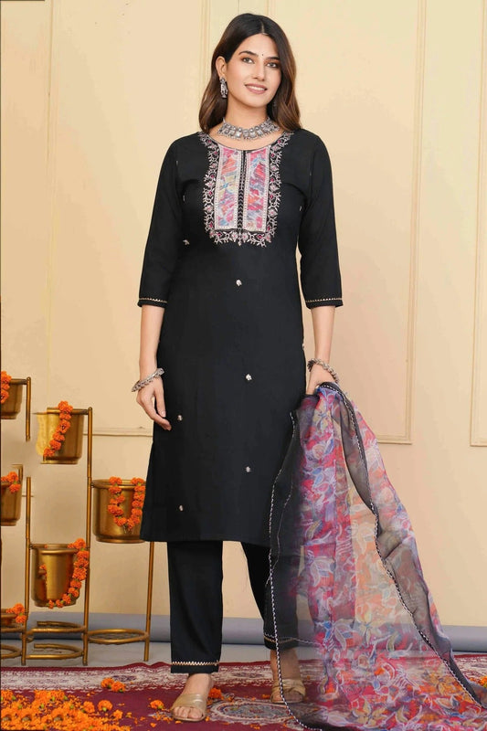 Navy Blue Embroidery Rayon Slub Stitched Suit NCSS11111317
