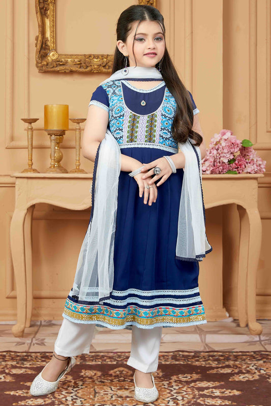 Navy Blue Faux Georgette Pant Style Suit NCGW10710837