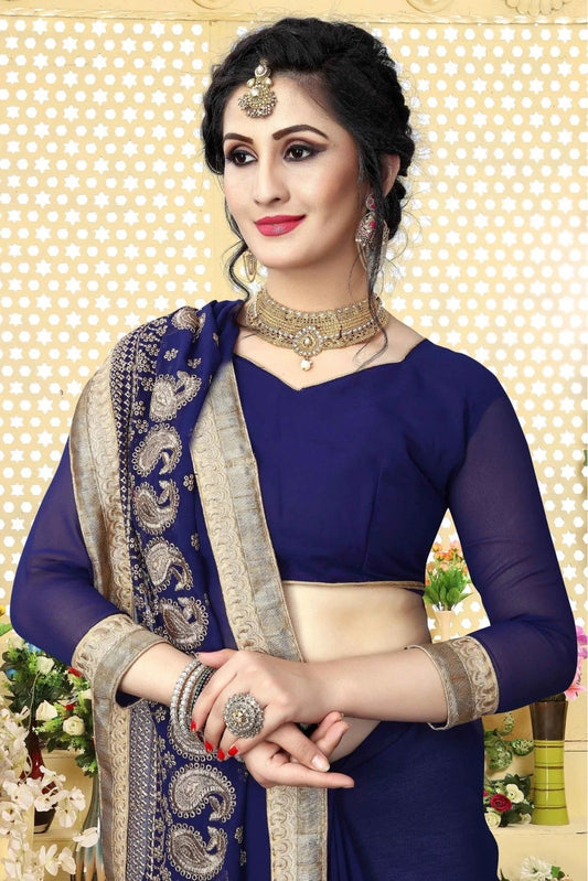 Navy Blue Georgette Embroidered Saree NCSD11210596