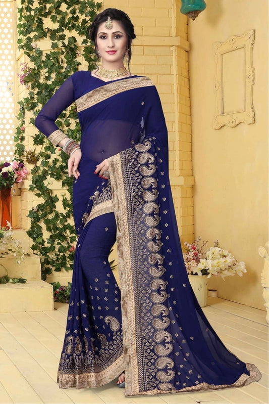 Navy Blue Georgette Embroidered Saree NCSD11210596