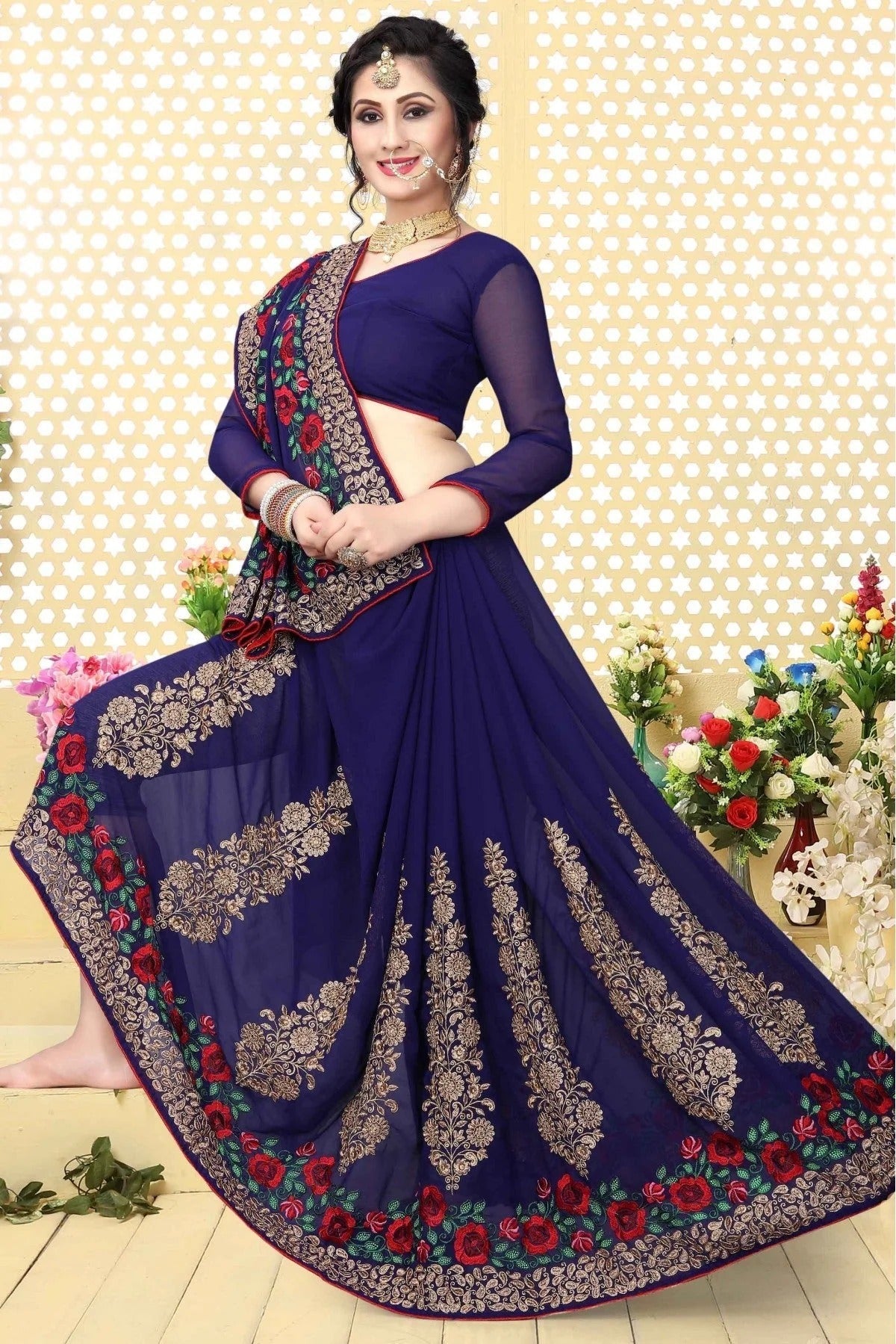 Navy Blue Georgette Embroidered Saree NCSD11210599