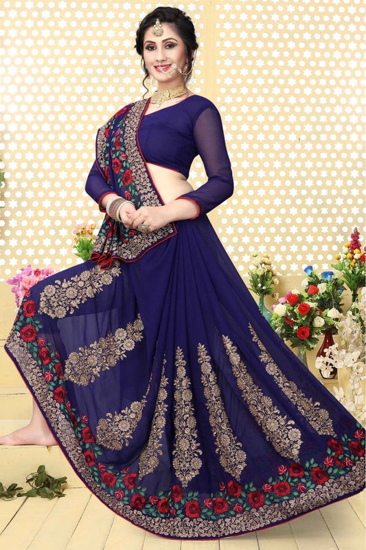 Navy Blue Georgette Embroidered Saree NCSD11210599