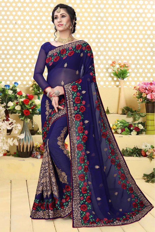 Navy Blue Georgette Embroidered Saree NCSD11210599