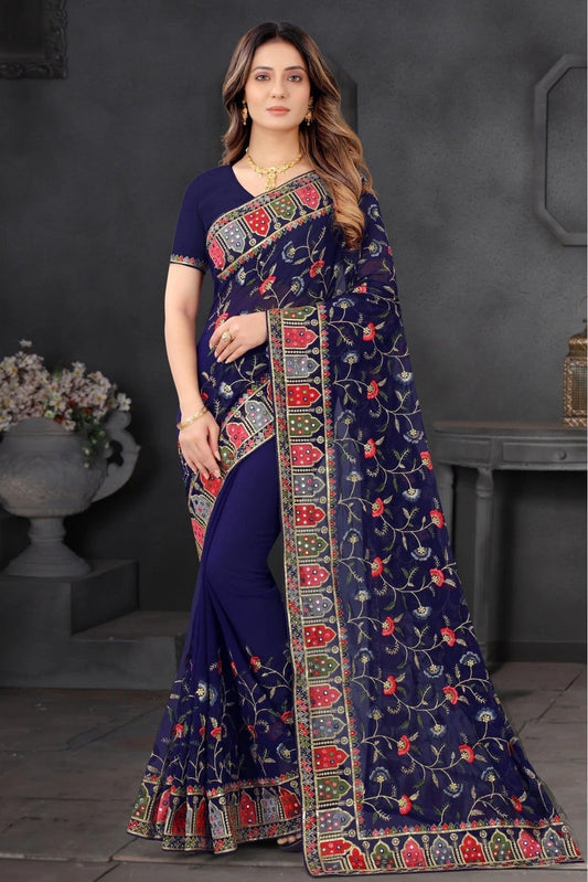 Navy Blue Georgette Embroidery Saree NCSD10910582