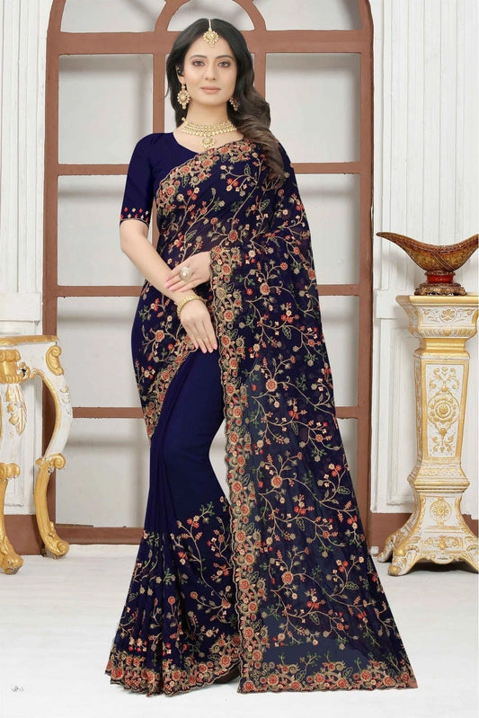 Navy Blue Georgette Embroidery Saree NCSD10910638