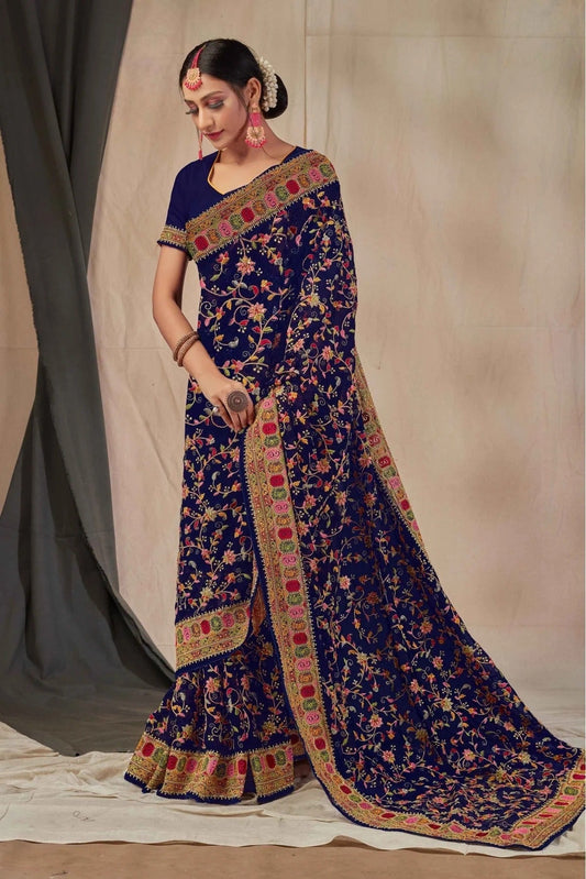 Navy Blue Georgette Embroidery Saree NCSD11210857