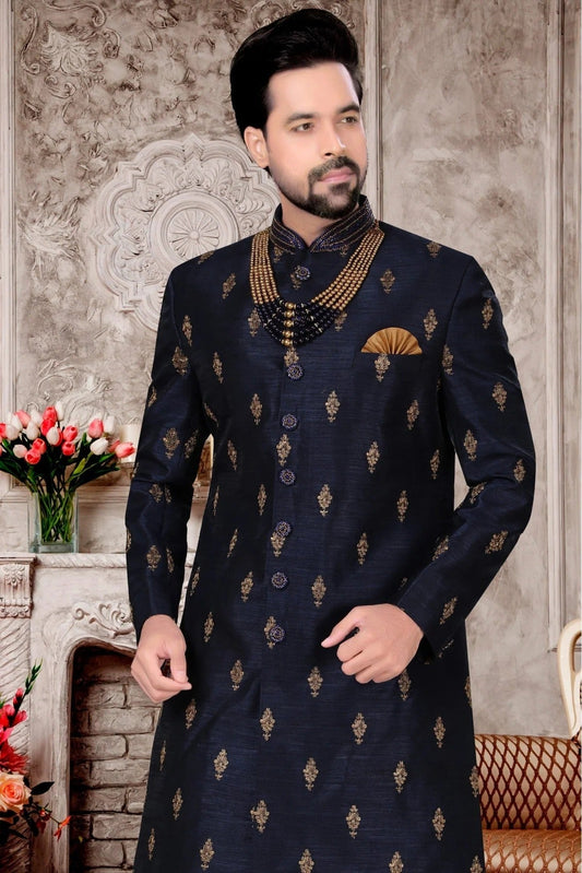 Navy Blue Jacquard Dhoti Sherwani NCSH10410391
