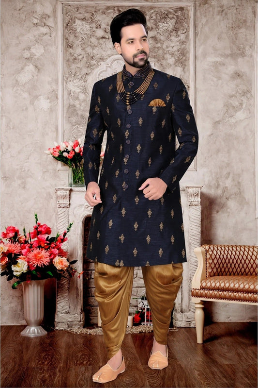 Navy Blue Jacquard Dhoti Sherwani NCSH10410391