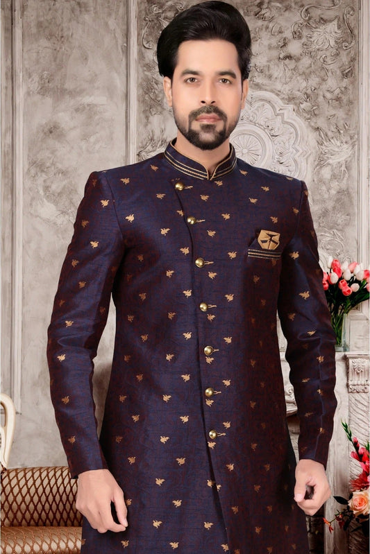 Navy Blue Jacquard Dhoti Sherwani NCSH10410402
