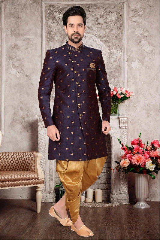 Navy Blue Jacquard Dhoti Sherwani NCSH10410402