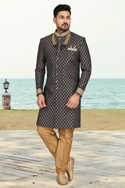 Navy Blue Jacquard Indo Western Sherwani NCSH10410296