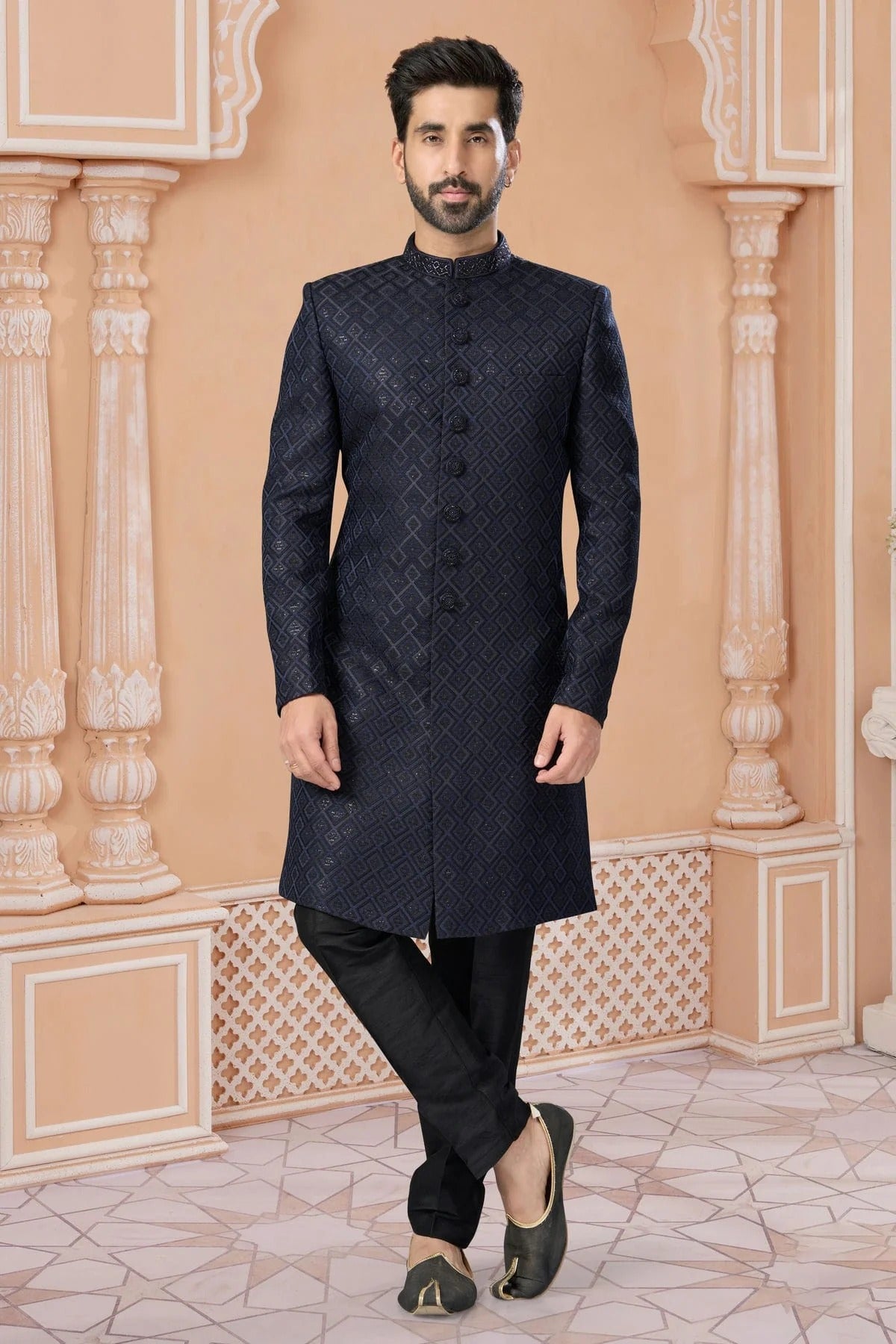 Navy Blue Jacquard Sherwani NCSH10410227