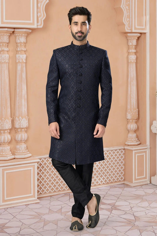 Navy Blue Jacquard Sherwani NCSH10410227
