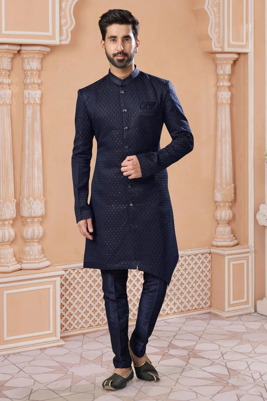 Navy Blue Jacquard Sherwani NCSH10410243