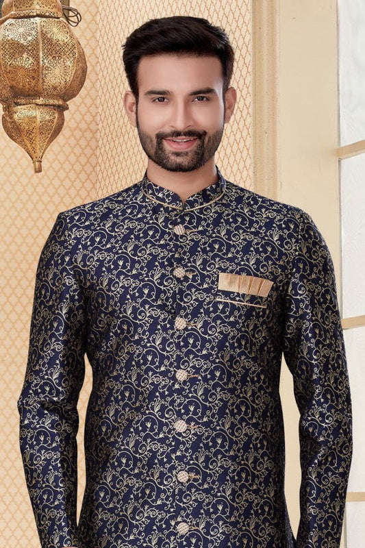 Navy Blue Jacquard Sherwani NCSH10410366