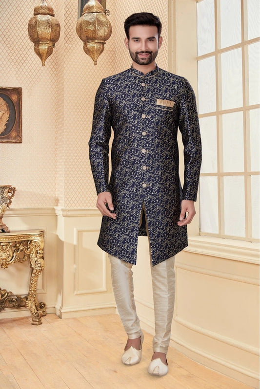 Navy Blue Jacquard Sherwani NCSH10410366