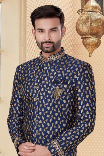 Navy Blue Jacquard Sherwani NCSH10410376