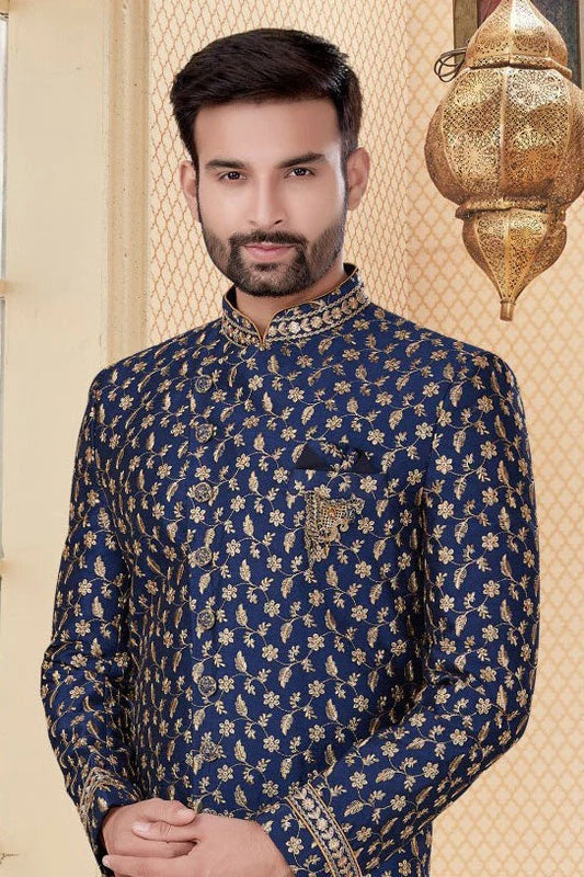 Navy Blue Jacquard Sherwani NCSH10410376