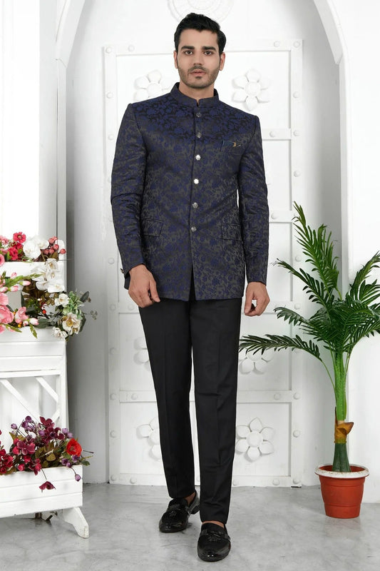 Navy Blue Jacquard Silk Jodhpuri Jacket  NCJP12310255