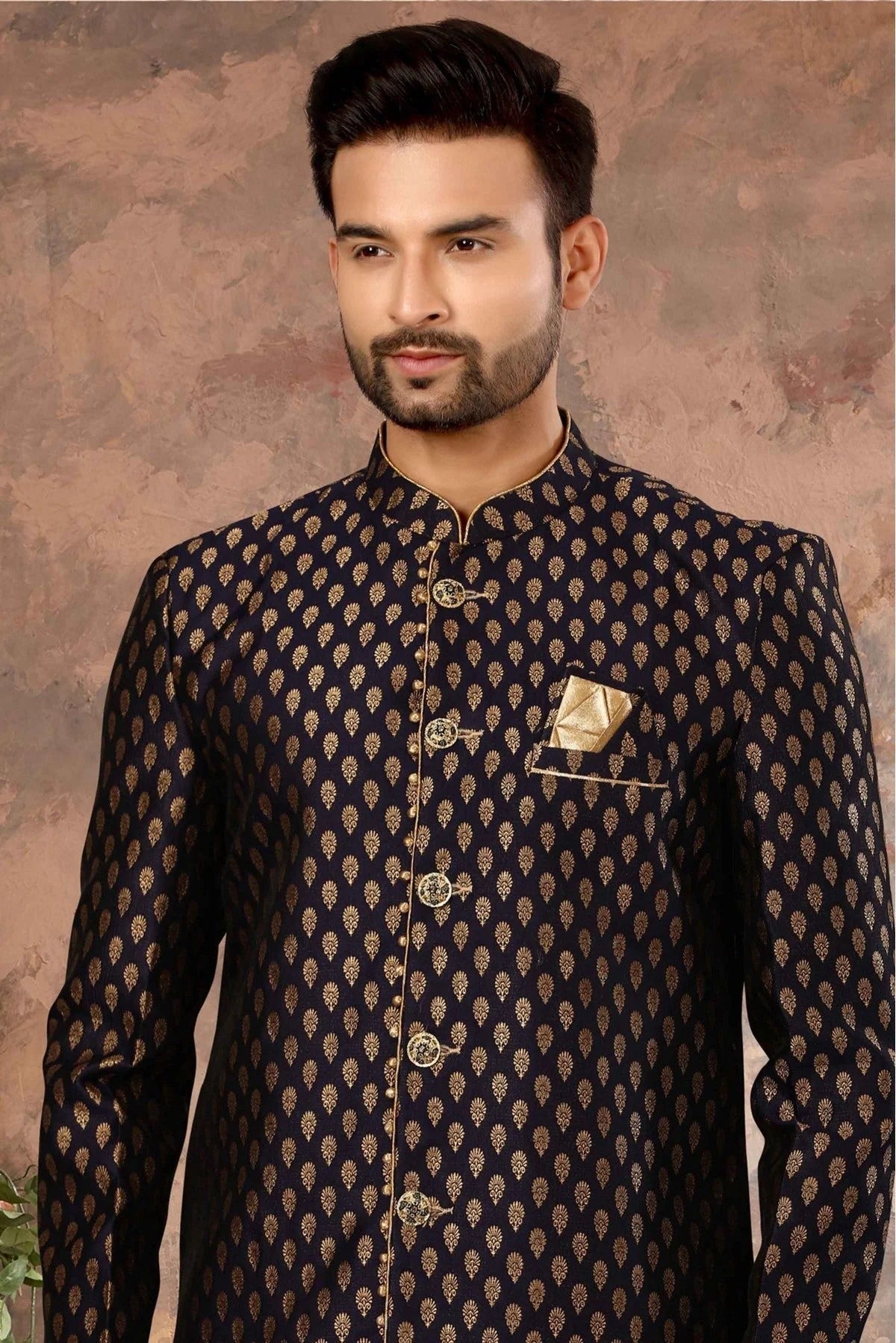 Navy Blue Jacquard Woven Sherwani NCSH10410426