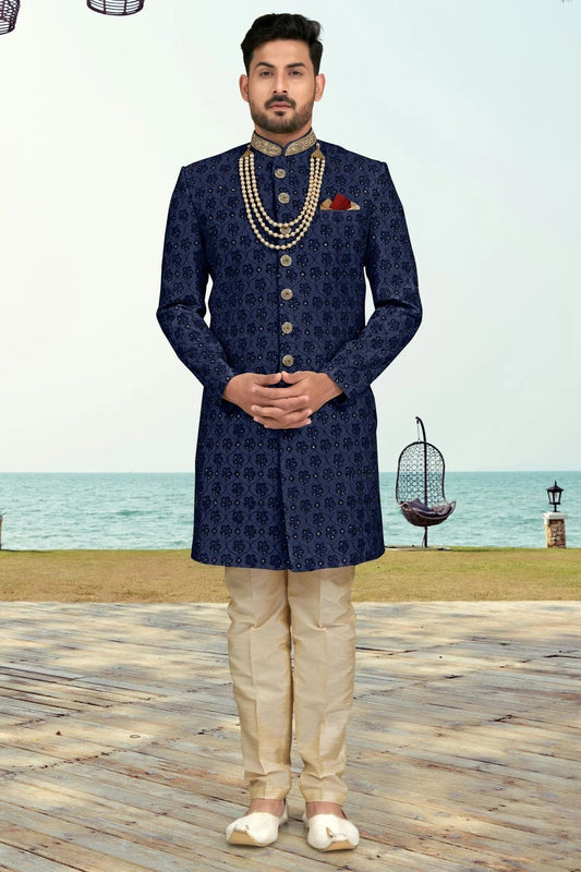 Navy Blue Kora Shine Silk Sherwani NCSH10410275
