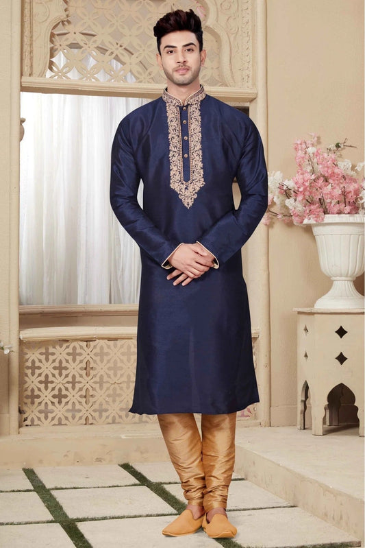 Navy Blue Kurta Pajama In Art Dhupion NCKP10410569