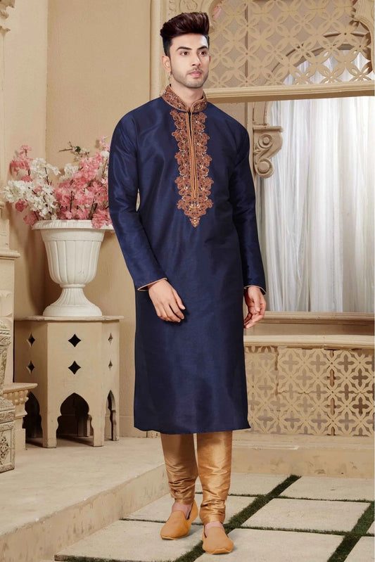 Navy Blue Kurta Pajama In Art Dhupion NCKP10410571