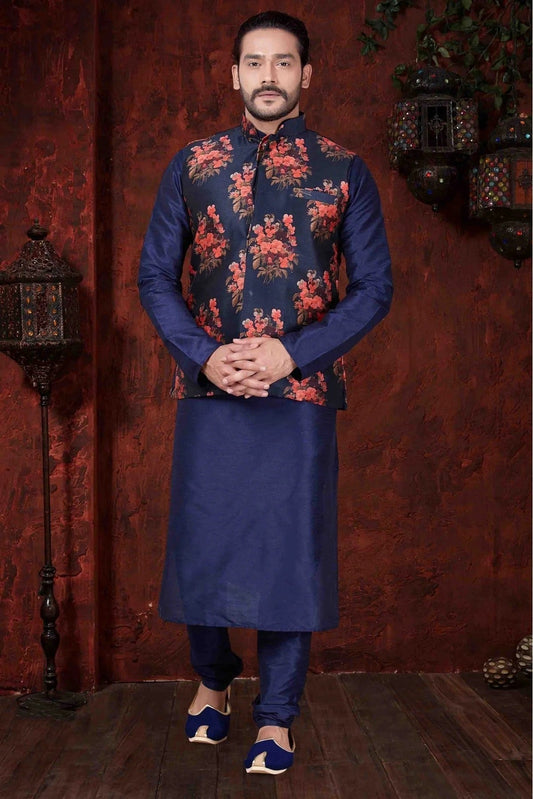 Navy Blue Kurta Pajama In Art Dhupion NCKP10410599