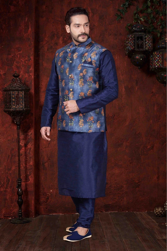 Navy Blue Kurta Pajama In Art Dhupion NCKP10410600