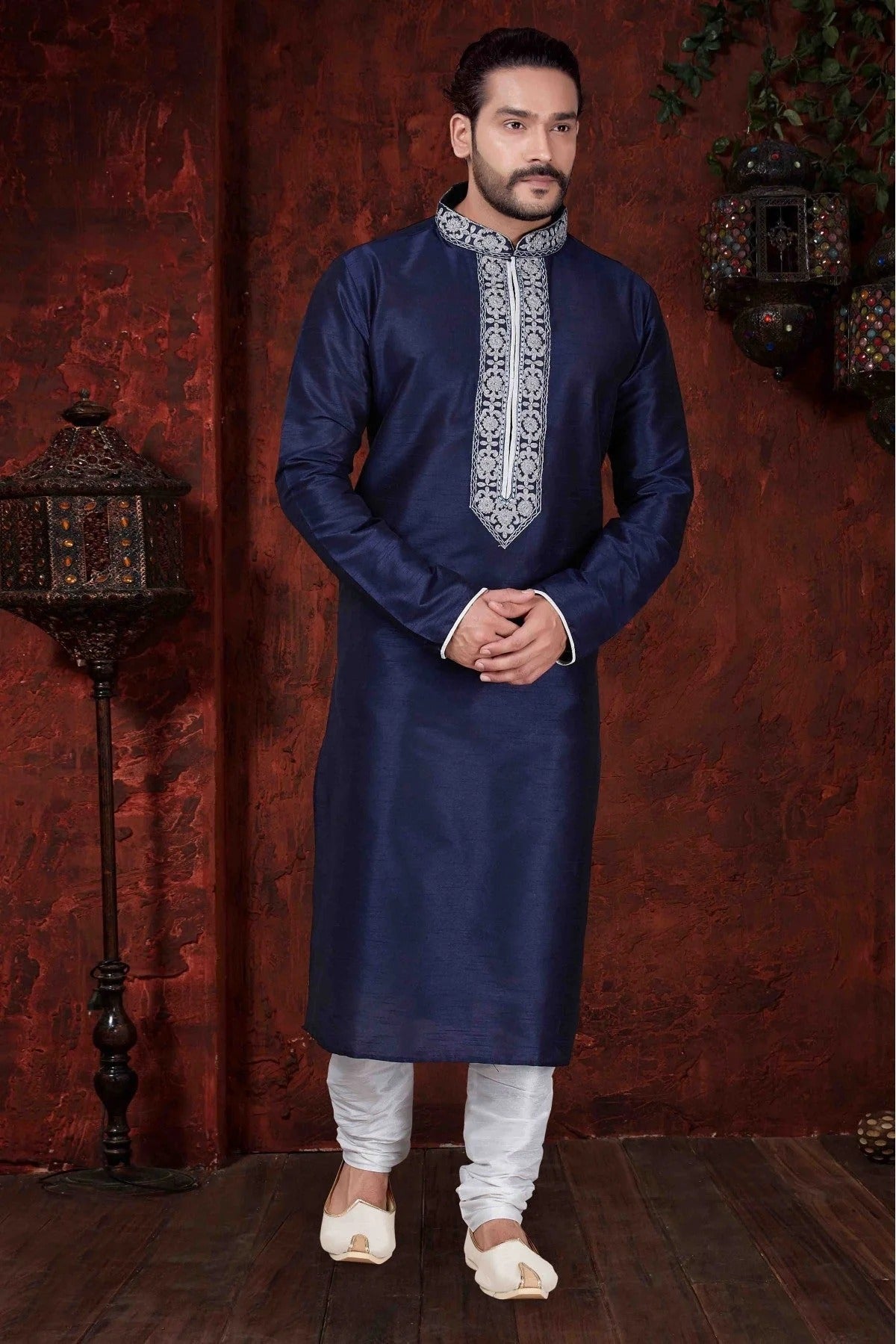 Navy Blue Kurta Pajama In Art Dhupion NCKP10410611