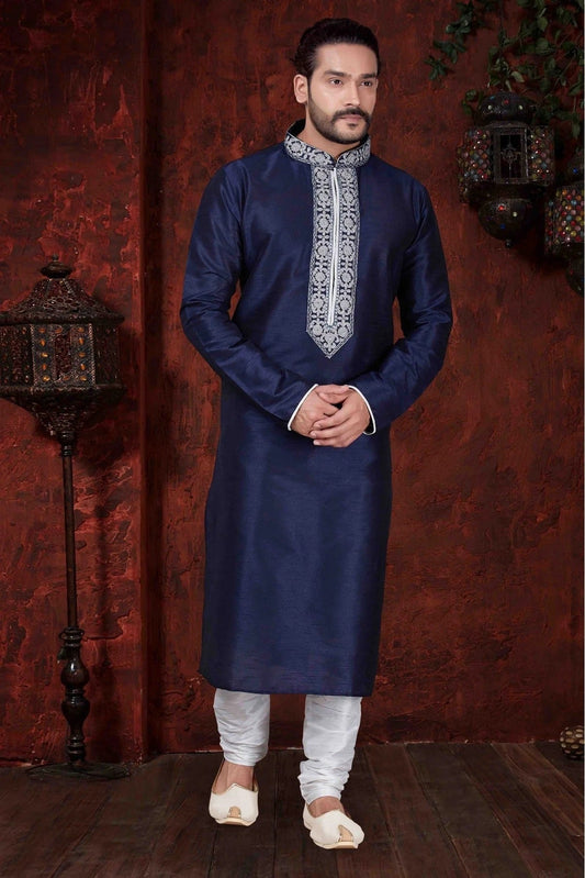 Navy Blue Kurta Pajama In Art Dhupion NCKP10410611