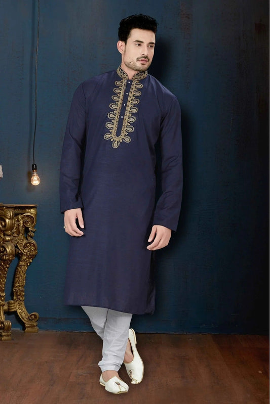 Navy Blue Kurta Pajama In Cotton NCKP10410615