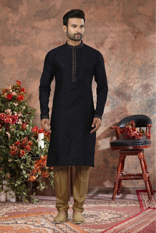 Navy Blue Kurta Pajama In Jacquard NCKP10410674