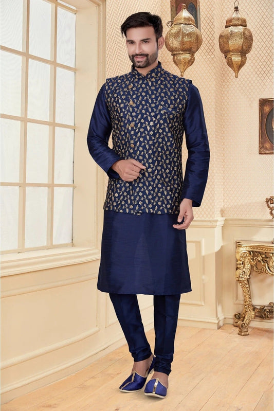 Navy Blue Kurta PajamaWith Jacket In Silk Dupion NCKP10410724