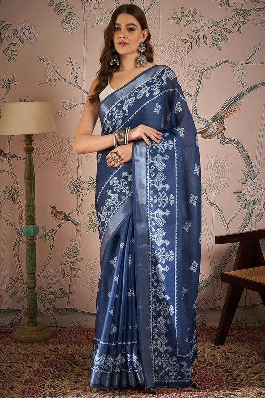 Navy Blue Linen Blend Printed Saree NCSD11111828