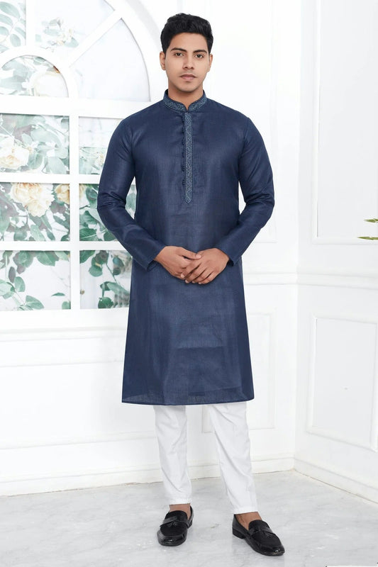 Navy Blue Linen Cotton Thread Kurta Pajama NCKP12310235