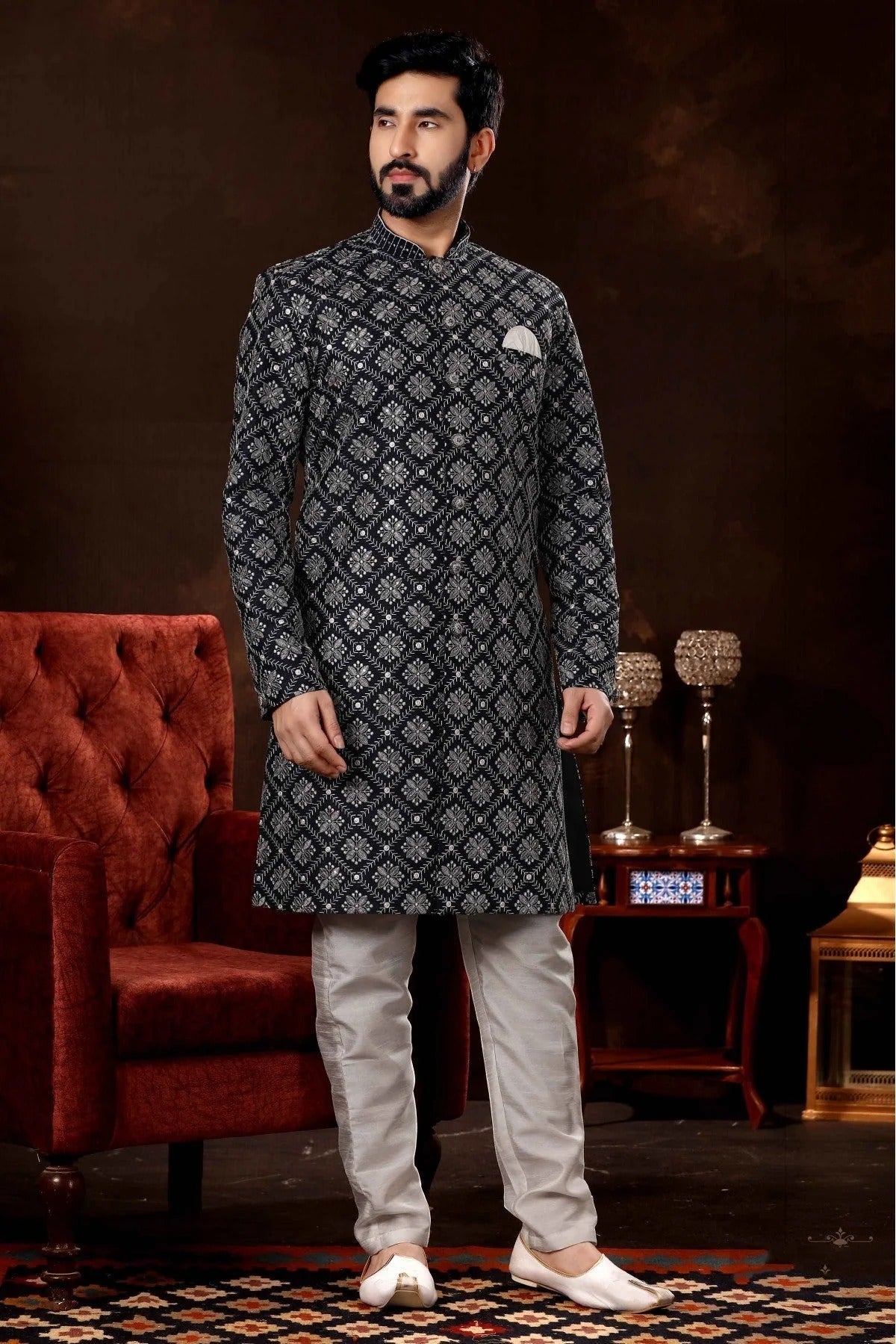 Navy Blue Lucknowi Sherwani NCSH10410467