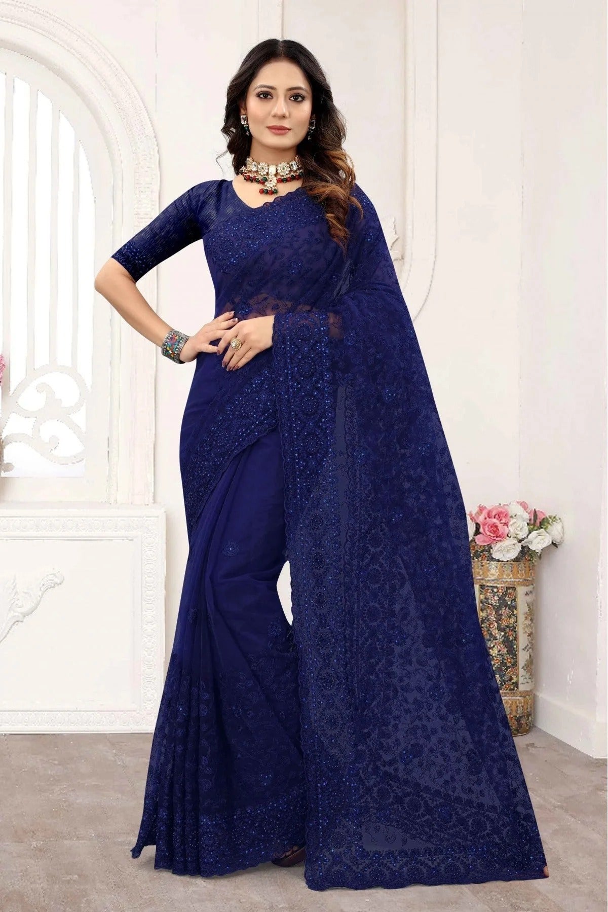 Navy Blue Net Designer Saree NCSD10910602