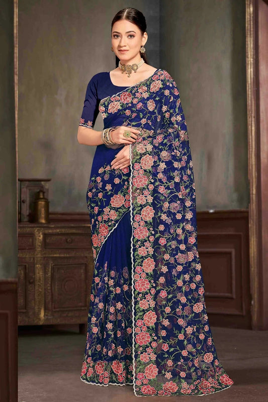 Navy Blue Net Embroidery Designer Saree NCSD10910120