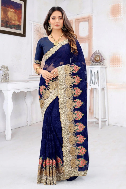 Navy Blue Net Embroidery Saree NCSD10910587