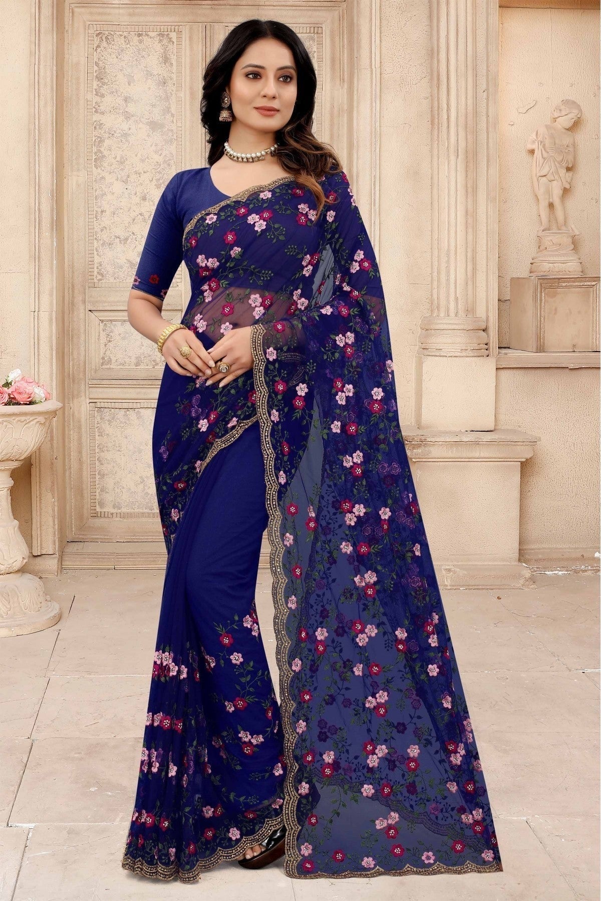 Navy Blue Net Embroidery Saree NCSD10910632