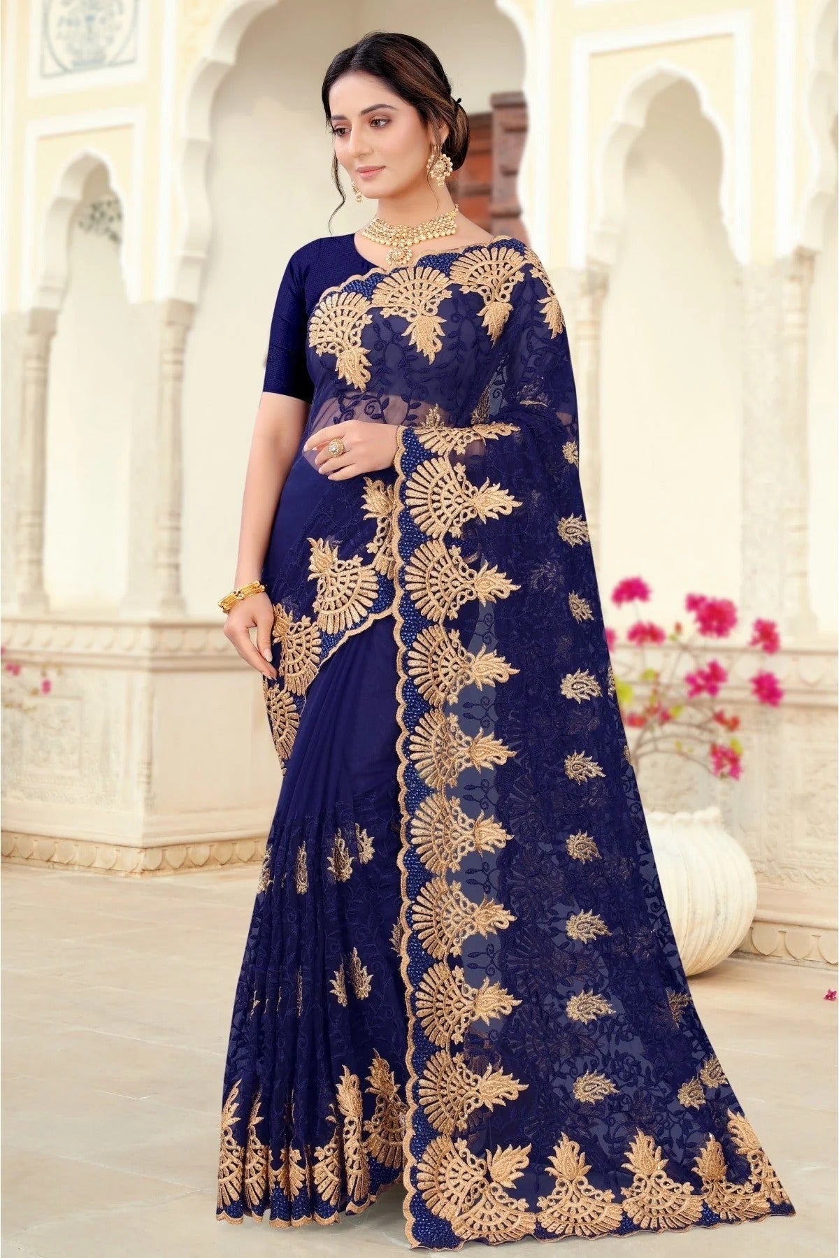 Navy Blue Net Embroidery Saree NCSD10910691