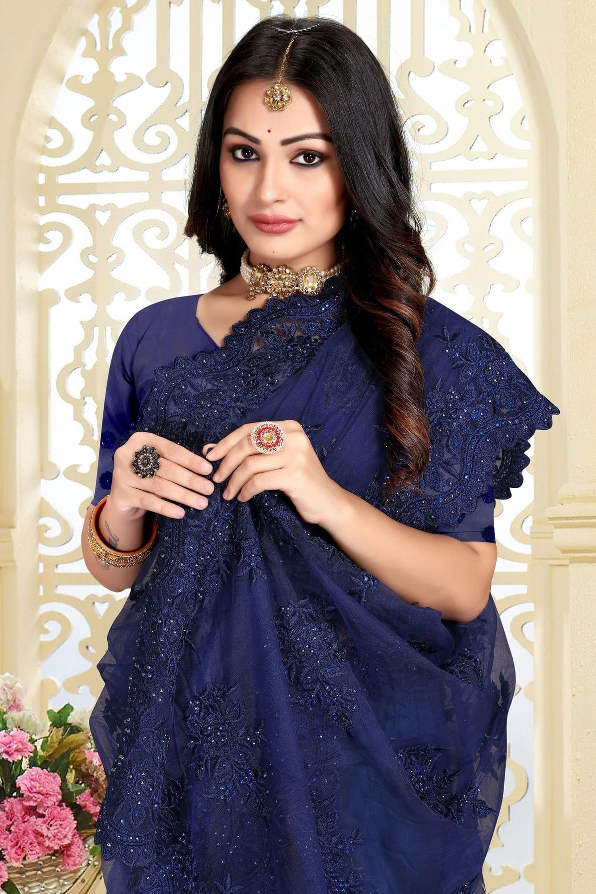 Navy Blue Net Saree NCSD10910390
