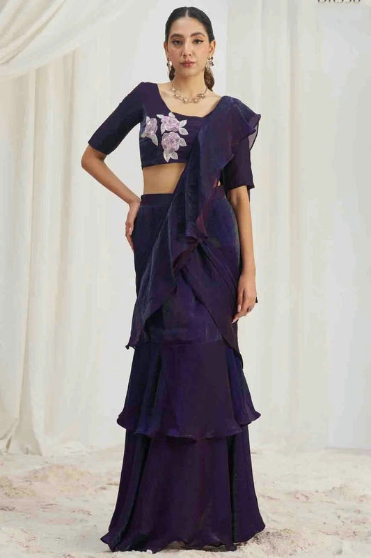 Navy Blue Organza Hand Ready To Wear Saree NCSD10810104
