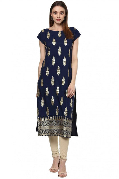 Navy Blue Plus Size Crepe Straight Kurti NCKR10610174