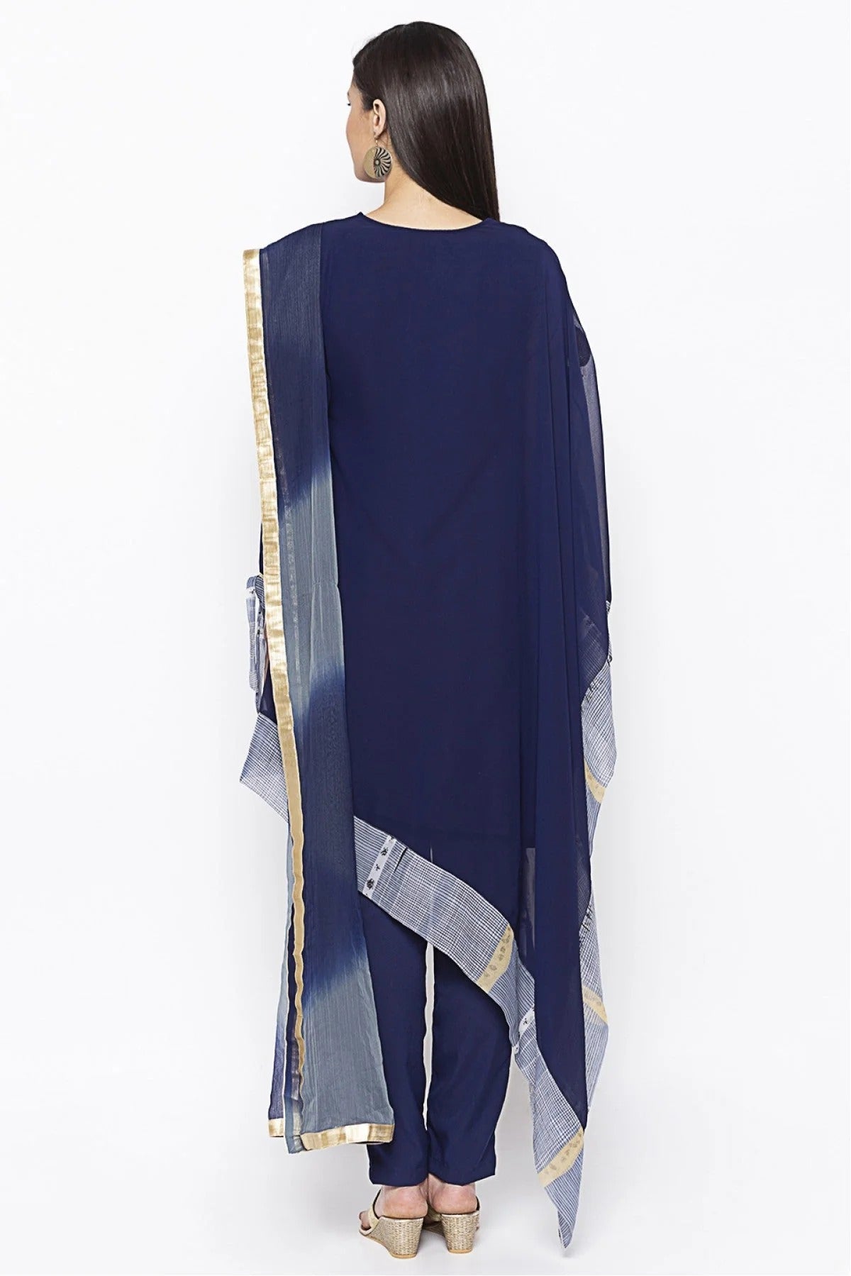 Navy Blue Plus Size Georgette Embroidery Pant Style Suit NCSS10710624
