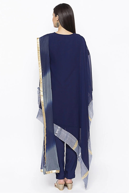 Navy Blue Plus Size Georgette Embroidery Pant Style Suit NCSS10710624
